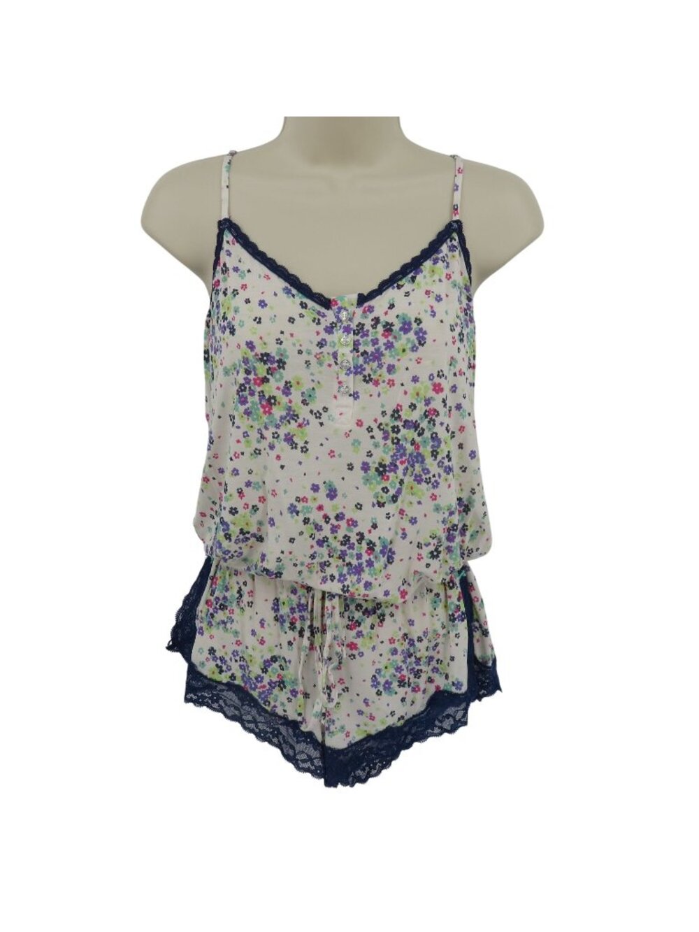 Victorias Secret Women Small Blue Cream Floral Flower Romper One Piece Pajamas